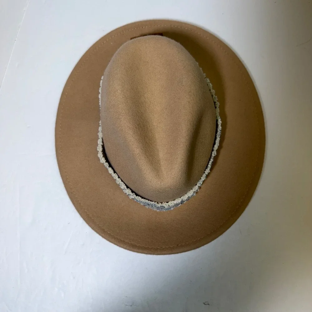 Original Brand Camel Tan 100% Wool Wide Brim Fedora Hat with Tapestry Band